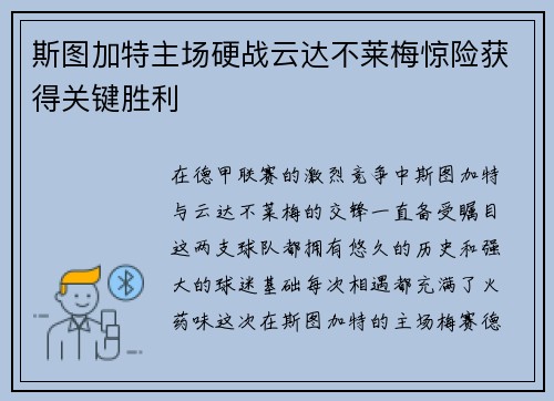 斯图加特主场硬战云达不莱梅惊险获得关键胜利